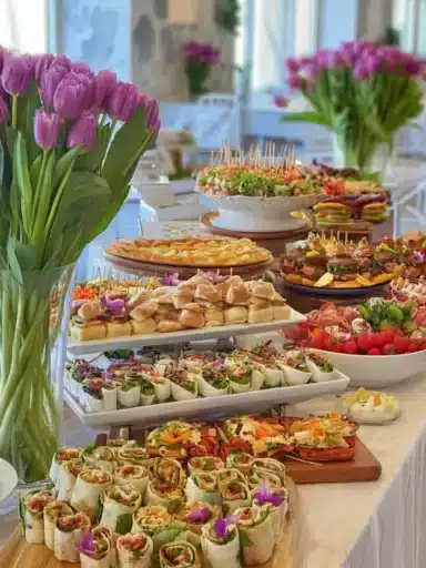 Colorful party food buffet with elegant spreads and delicious catering ideas
