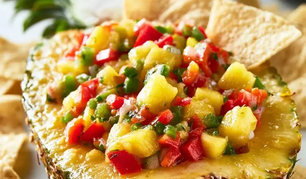 Bowl of vibrant pineapple salsa with fresh ingredients and crisp chips