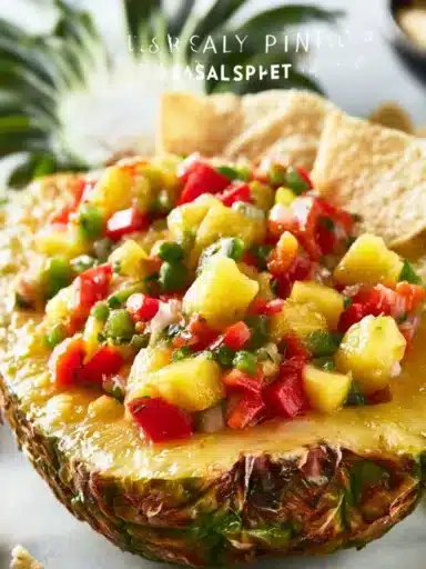 Bowl of vibrant pineapple salsa with fresh ingredients and crisp chips
