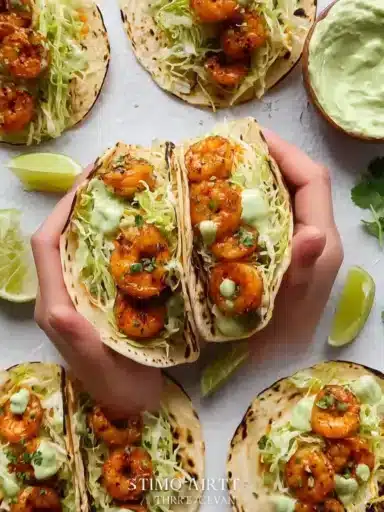 Delicious shrimp tacos topped with fresh vegetables and salsa