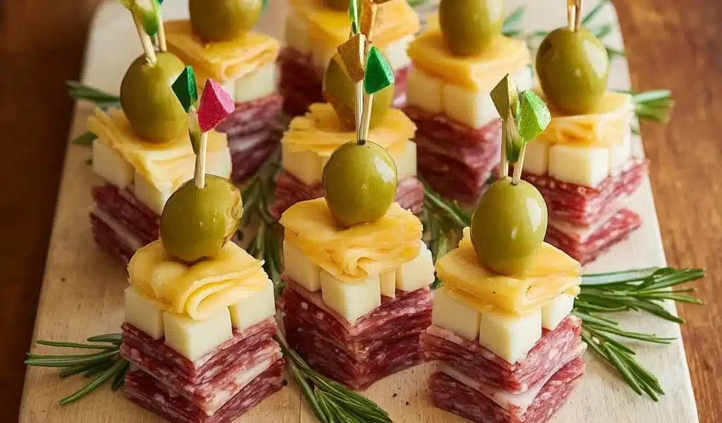 Creative appetizer presentation featuring New Year's foods and snacks.