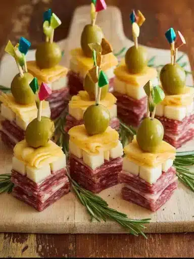 Creative appetizer presentation featuring New Year's foods and snacks.