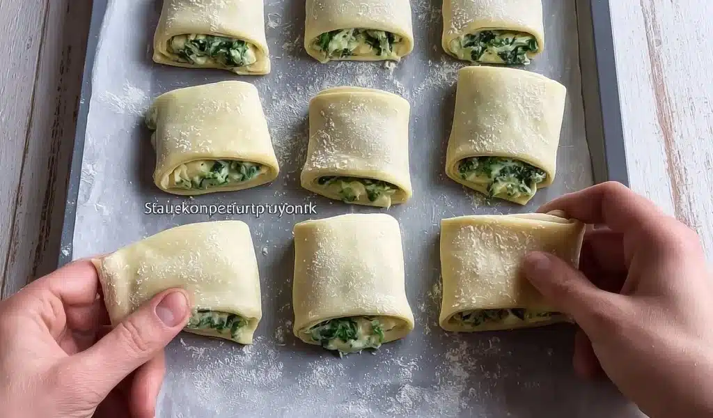 Golden brown spinach feta pastries on a white plate