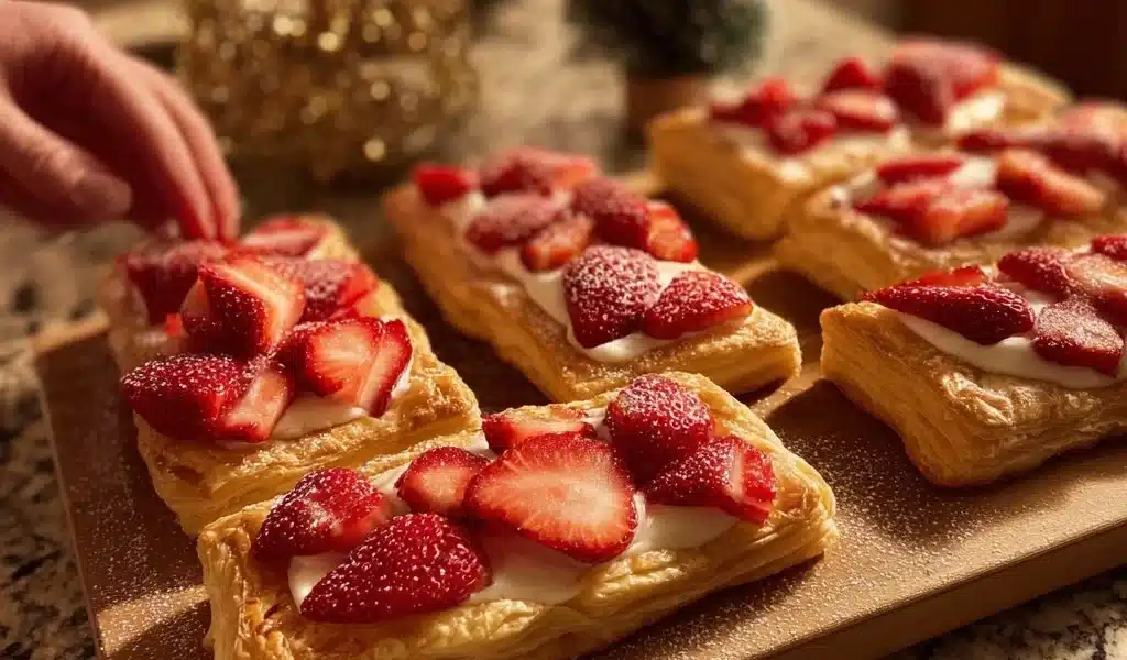 Freshly baked strawberry puff pastries, golden and flaky with a sweet filling.