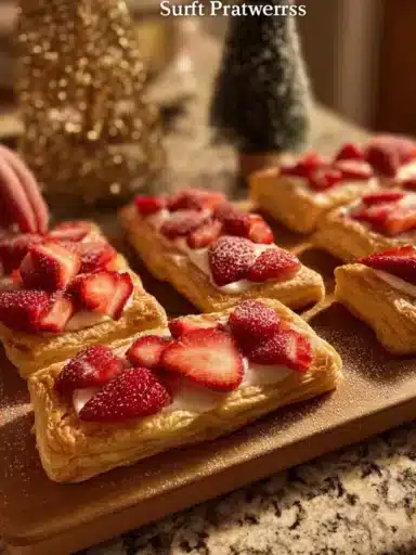Freshly baked strawberry puff pastries, golden and flaky with a sweet filling.