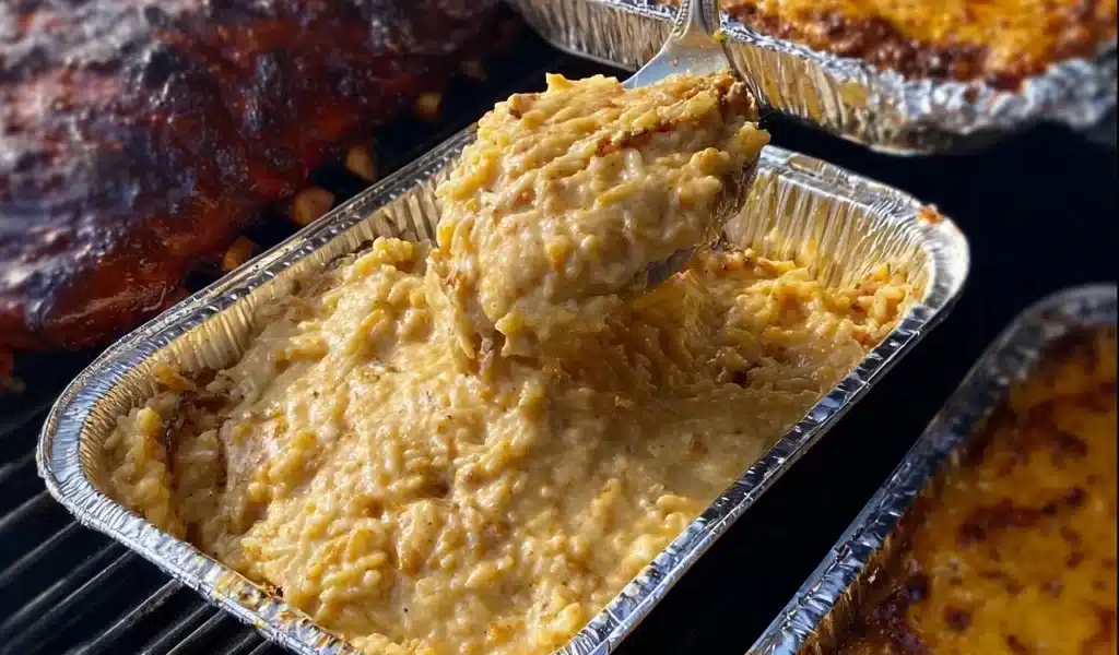 Smoked BBQ sauce paired with cheesy potato bake and BBQ sides for summer grilling.
