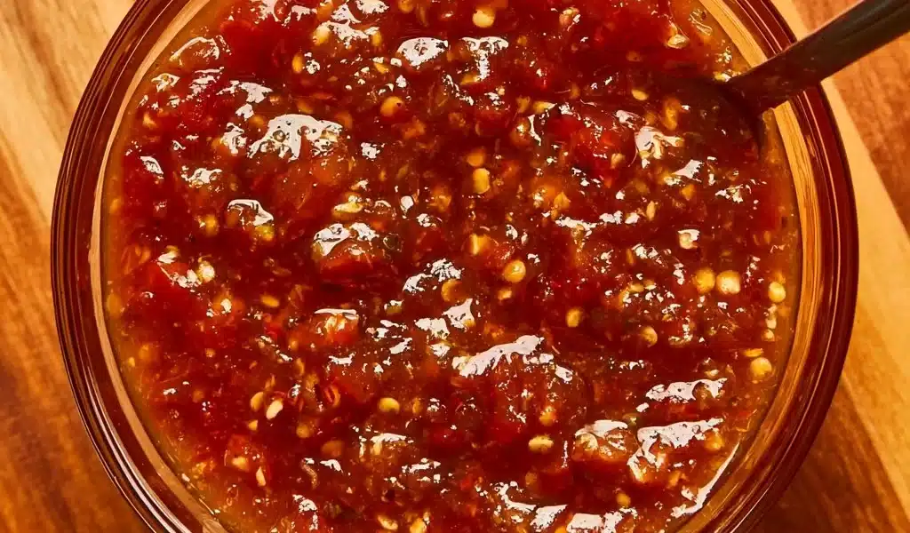 Homemade taco sauce in a bowl with fresh ingredients