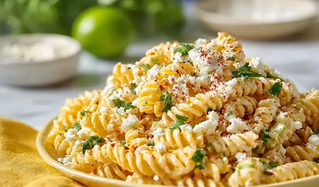 Tasty elote pasta salad with Greek yogurt served in a bowl