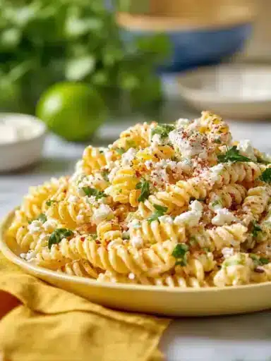 Tasty elote pasta salad with Greek yogurt served in a bowl