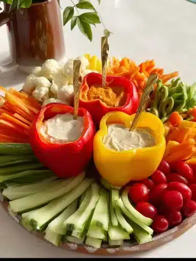 Colorful veggie board with an assortment of fresh vegetables and dips